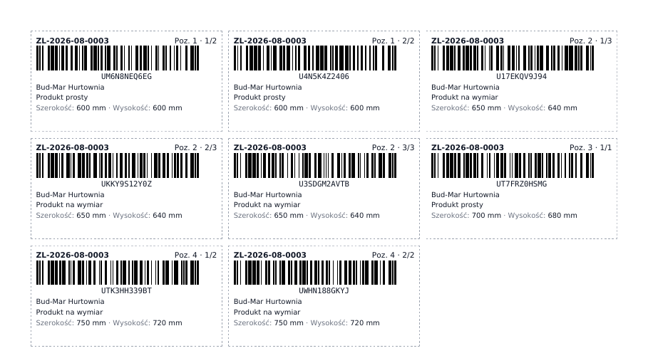 Arkusz etykiet A4: osiem etykiet z kodem kreskowym Code128, numerem zlecenia, numerem pozycji i specyfikacją sztuki.