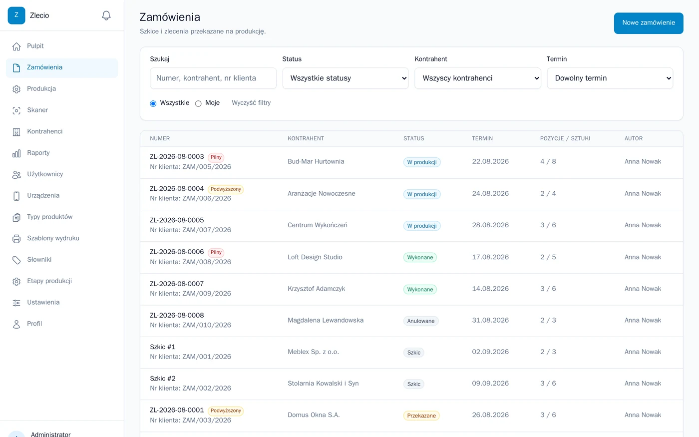 Lista zamówień z filtrami po statusie, kontrahencie i terminie; kolumny z numerem, statusem i liczbą sztuk.